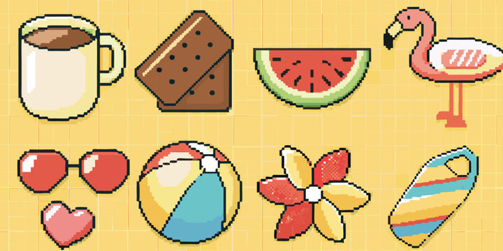 A pixel art illustration featuring summer treats a flamingo and beach accessories on a yellow background