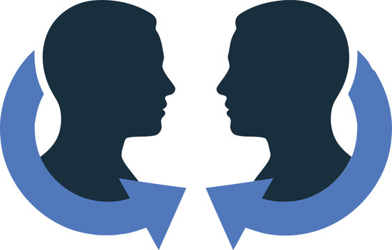Two Human Silhouettes Facing Each Other with Circular Arrows Symbolizing Communication Exchange and Mutual Feedback Loop Connection