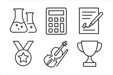 A collection of simple line art icons representing education achievement and the arts