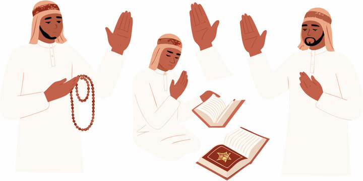 Five men in traditional arab clothing praying with hands raised and holding religious items