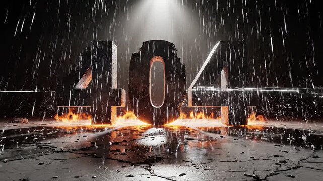 Dramatic 404 error code illuminated by spotlight, drenched in heavy rain and burning with fire, ideal for illustrating website failure or server downtime.