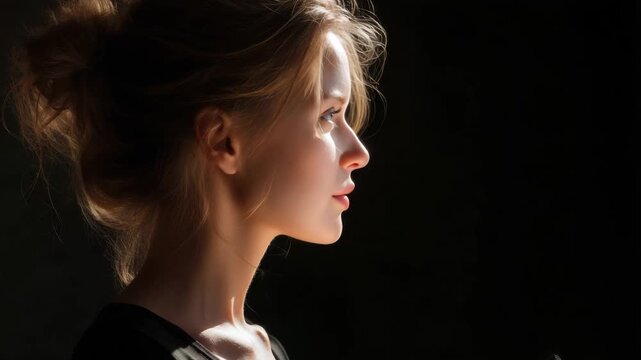 Young woman's profile illuminated by soft light against a dark background