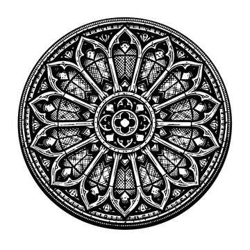 Exquisite Black and White Gothic Rose Window Design: Intricate Radial Pattern, Symmetrical Tracery, and Detailed Architectural Art, Perfect for Historical, Spiritual, and Decorative Themes, Evoking An