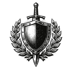 Obraz premium Vintage Engraved Medieval Heraldic Crest Emblem with Shield, Sword, and Laurel Wreath. A Powerful Symbol of Protection, Strength, and Victory in Classic Black and White Artwork, Perfect for Design Pro