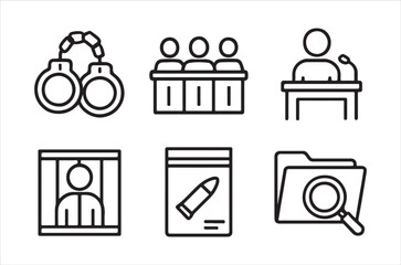 Line art icons depict legal concepts including crime court evidence and incarceration high quality