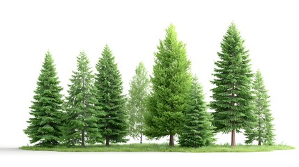 Obraz premium Several diverse evergreen coniferous trees showcasing vibrant green foliage and varied heights are presented on a patch of grass in a clean isolated composition