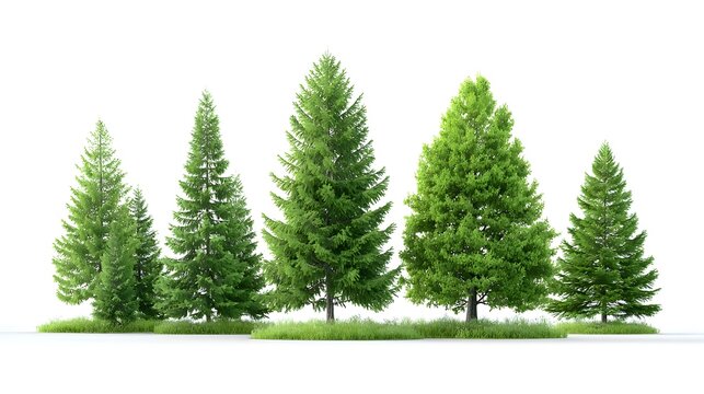 Collection of five distinct coniferous trees varying in height and density detailed with vibrant green needles and grass tufts set against a pure white backdrop for isolation