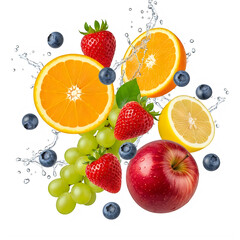 A colorful arrangement of fresh fruits and water splashes isolated on transparent background