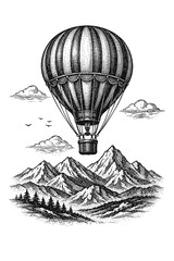 Vintage engraving illustration: Majestic hot air balloon soars above rugged mountain peaks and serene clouds. A classic scene evoking freedom, exploration, and nature's beauty, ideal for art prints an