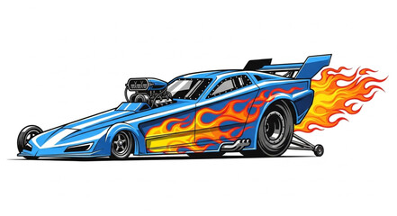 Blue Dragster Racing Car with Flames. © IPUT