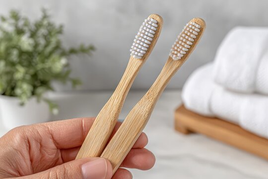 Close-up of a hand holding two bamboo toothbrushes, embodying eco-friendly lifestyle and sustainable dental hygiene routine for a healthier planet.