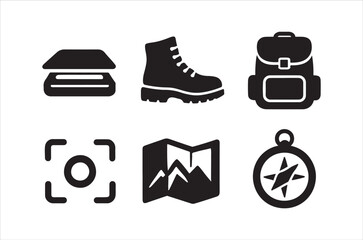 Black silhouette icons depict camping equipment including a backpack boots and map high quality