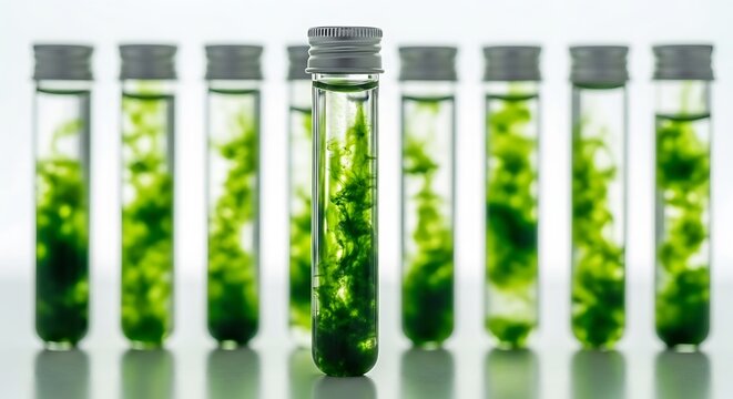 A row of test tubes filled with green plant material in a laboratory setting for scientific research and experimentation.