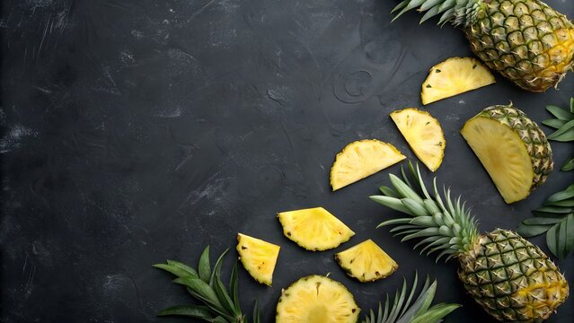 A high-resolution, top-down photograph featuring a vibrant arrangement of pineapples against a dark, textured slate background.