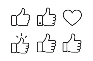 A collection of simple black outline icons featuring thumbs up gestures and a heart