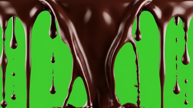 Green Screen chocolate drips on and transparent background liquid flowing down the surface in streams melting drops forming streaks 3d animation chroma key alpha channel prores 4444 4k uhd scene 1