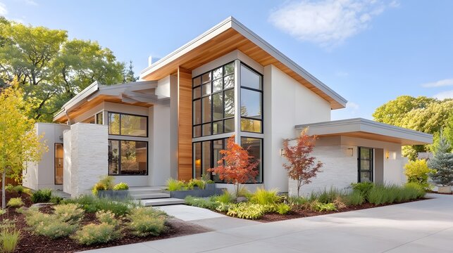 Stunning modern architectural home exterior featuring natural wood and stone cladding large multi pane  manicured landscaping with autumn colors and a sloping roofline under a bright sky
