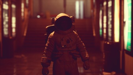 In a dimly lit urban environment, a lone astronaut stands confidently, surrounded by glowing signs. The scene evokes a blend of adventure and mystery as night falls, inviting curiosity. © icetray
