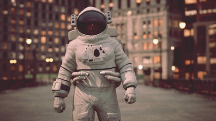An astronaut stands on a city street under the night sky. Surrounding buildings light up with glowing windows, creating a contrasting urban landscape. The scene exudes an air of mystery and adventure. © icetray