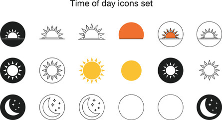 Set of sun and moon icons representing sunrise noon sunset and night time in various flat and outline styles © NURUL