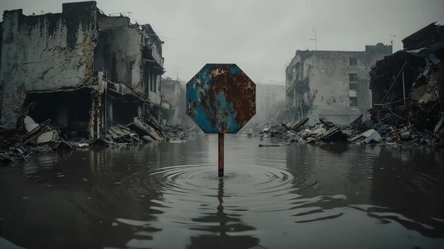 Flooded Street with Umbrella in Ruins.