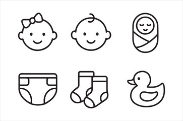 Simple black and white line icons illustrating baby items like clothing toys and infants
