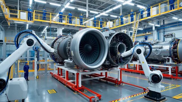 Jet engines in industrial assembly facility