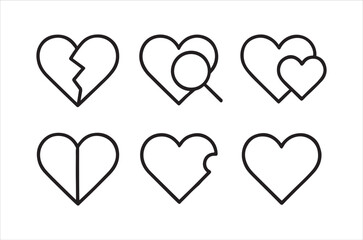 A collection of six black outline heart icons depicting various states of love and loss