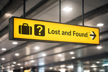 Obraz premium Yellow airport lost and found directional sign with luggage icon hanging in terminal corridor interior