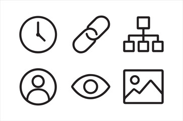 A collection of minimalist linear icons depicting time connection hierarchy and user interface elements