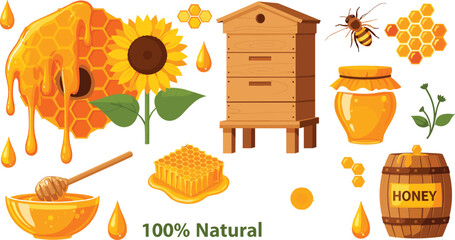 Natural Honey Production Vector Set with Beehive, Honeycomb, Sunflower, Jar, Dipper and Organic Beekeeping Illustration Elements © jafrine