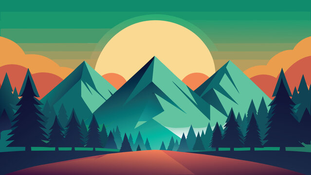 Vector mountain landscape with sun and trees