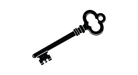 A striking black silhouette of an antique key rests diagonally against a clean white background silhouette high quality © Komla02