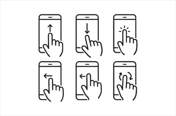 Line art illustrations depicting various smartphone touch gestures with human hands interacting high quality