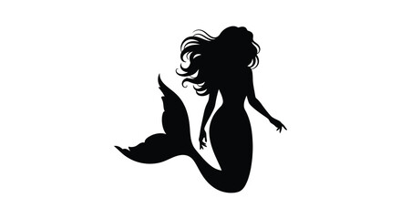 A striking black silhouette depicts a mythical mermaid with flowing hair and a detailed tail silhouette high quality © Komla02