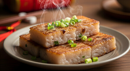 Steaming hot and golden-brown savory turnip cakes, garnished with fresh green onions, a delicious traditional Asian dish perfect for festive gatherings and cultural celebrations