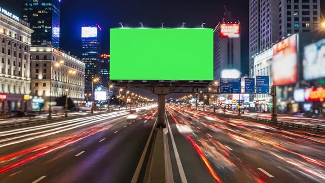 Green Screen modern billboard with a on busy highway traffic neon lights timelapse of at night moscow russia scene 1 distortion, overlay, glitch, static noise, scan lines black background, 4k animated
