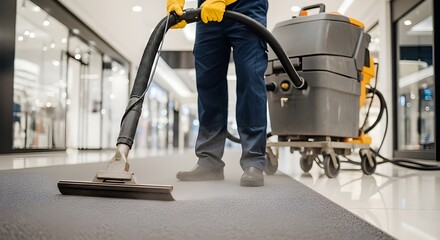 Professional cleaner in yellow gloves steam cleaning a dark gray carpet runner in a brightly lit shopping mall aisle with storefronts visible.