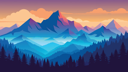 Obraz premium Mountain landscape vector illustration with sunset