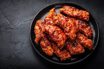 Fototapeta premium Delicious Korean fried chicken tenders (Dakgangjeong) coated in glossy sweet and spicy sticky glaze, garnished with sesame seeds on a dark black plate and stone background.
