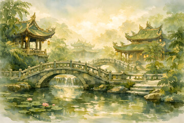 Traditional chinese garden pagodas stone bridge watercolor painting