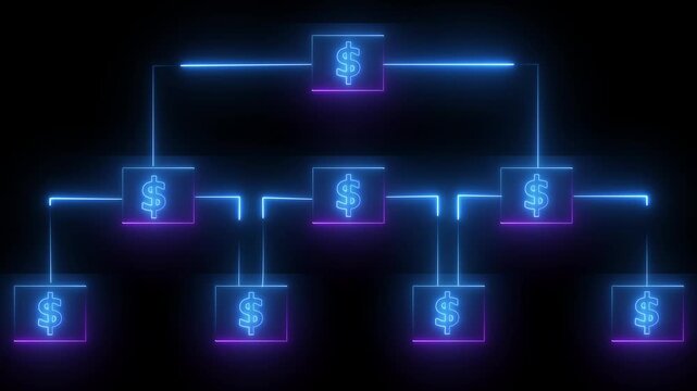 Al tools or neon box Dollar .Glowing neon line Business hierarchy monogram chart animation.on black background.Abstract Digital Network.