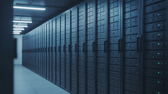Modern data center with rows of illuminated server racks in a high-tech facility for cloud computing and IT infrastructure