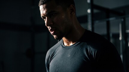 Sweat dripping from chin in low-key lighting for fitness motivation