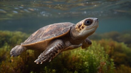 Obraz premium A sea turtle glides gracefully through clear blue underwater waters with marine vegetation