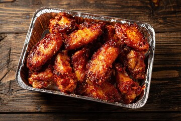 Fototapeta premium Sticky and Spicy BBQ Glazed Chicken Wings in Disposable Foil Takeaway Container, Ready for Delivery, Served on a Dark Rustic Wooden Table Surface.