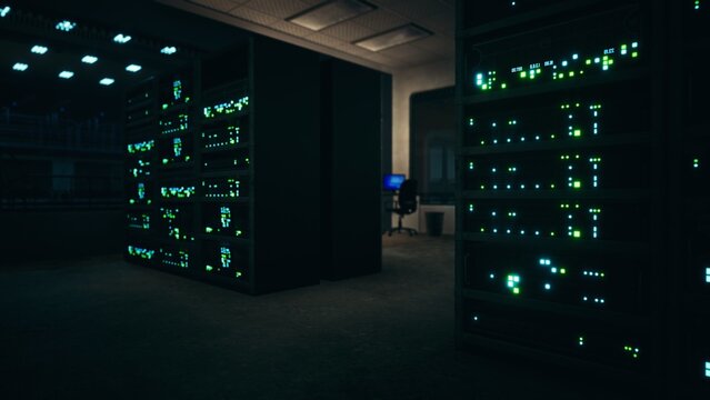 A modern server room is filled with glowing equipment. The dim atmosphere highlights the lights from various servers. A chair sits empty, awaiting the next technician to manage the data.