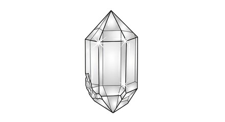 Illustration of single clear Quartz Crystal with geometric facets on white background, isolated design element for gemstone, mineralogy, or spiritual healing concepts.