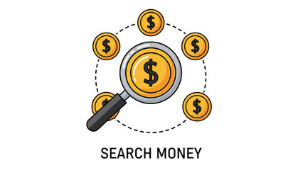 Obraz premium Concept of searching for money and financial auditing featuring a magnifying glass inspecting gold coins with dollar signs.