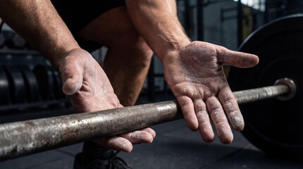Macro shot of chalk-covered hands before lifting a barbell